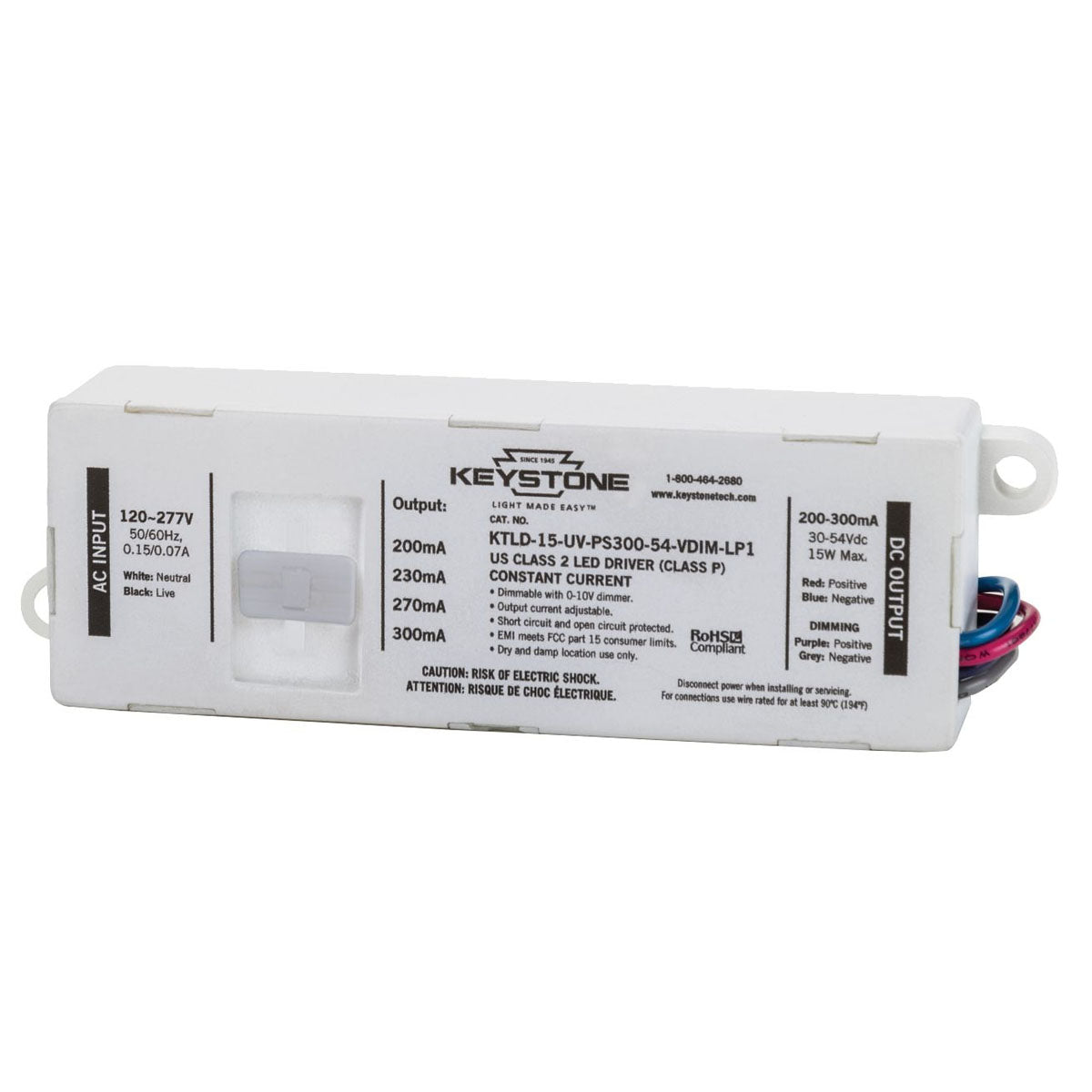 15W LED Driver with Selectable Current (200mA/300mA), 0-10V Dimming, 120-277V Input - Perfect for Indoor & Outdoor LED Lighting, Commercial & Residential Use