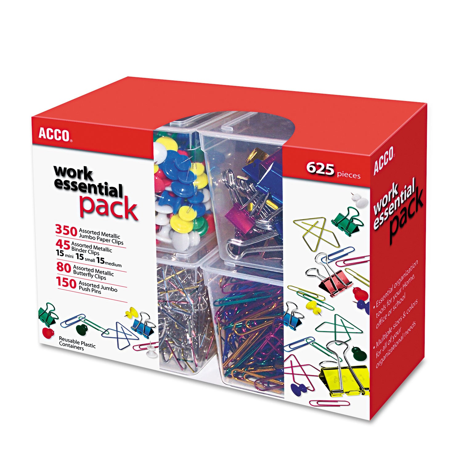 350 Paper Clips, 150 Push Pins, 80 Butterfly Clips & 45 Binder Clips - Bulk Office Supplies for Organizing Documents, Bulletin Boards & School Projects - Perfect for Home, Office & Classroom Use