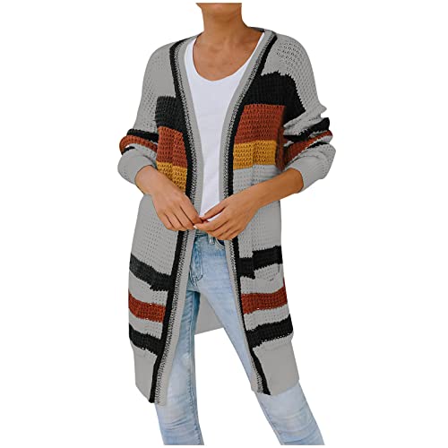 Women's Striped Sweater Cardigan - Loose Fit Long Sleeve Waffle Knit Open Front Coat with Pockets | Casual Fall Winter Layering Outwear for Office, Date Night & Weekend Outings
