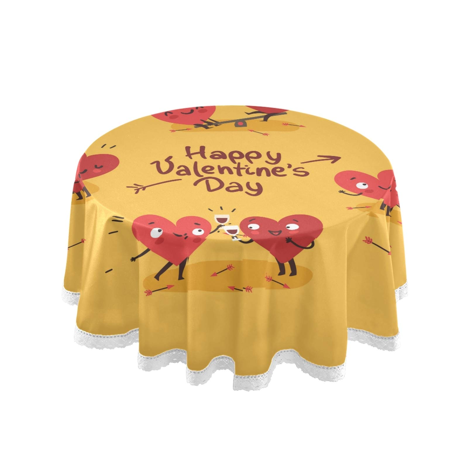 Valentine's Day 60 Inch Round Tablecloth with Lace - Heart Sweetheart Design Polyester Dust-Proof Circular Table Cover for Kitchen, Dining Room, Party Decor - Romantic Dinner Setting & Holiday Celebration