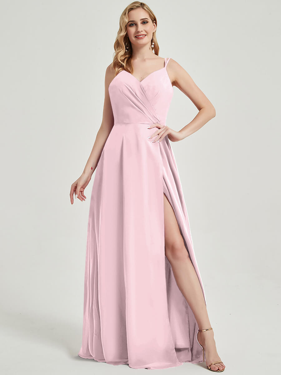 Elegant Blush Spaghetti Strap V-Neck Lace Chiffon Bridesmaid Dress with Thigh High Slit - Perfect for Weddings, Prom, and Formal Events