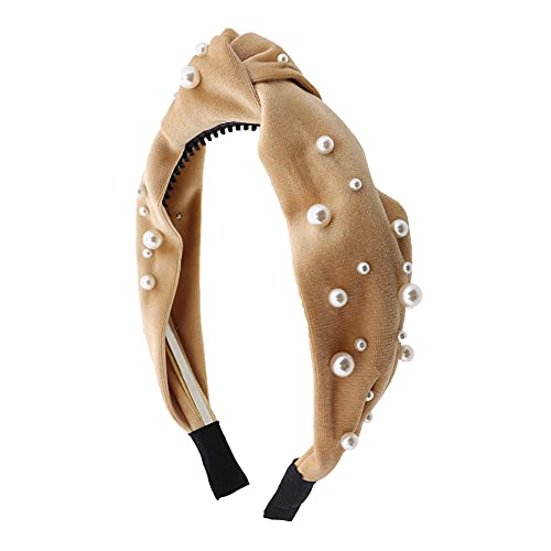 Velvet and Pearls Turban Knotted Headband - Gold - Elegant Hair Accessory for Weddings, Parties, and Special Occasions