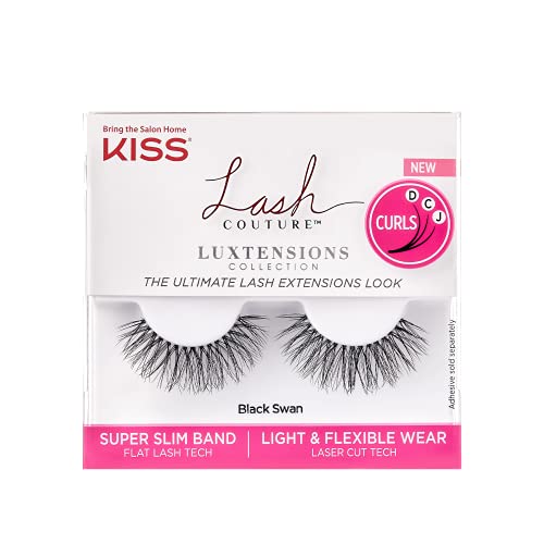 KISS Lash Couture LuXtensions False Eyelashes - Flat Lash Technology, Super Slim Band, Real Extension Fibers - Reusable & Contact Lens Friendly - Black Swan Style (1 Pair) | Perfect for Weddings, Parties & Special Occasions