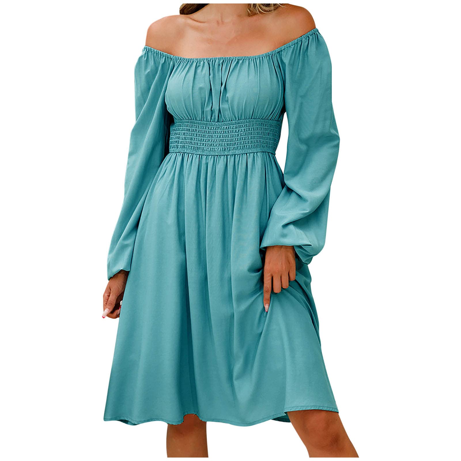 MIANHT Women's Sexy Off Shoulder Long Sleeve Solid Color A-line Dress - Plus Size Summer Party & Evening Cocktail Dress 2022