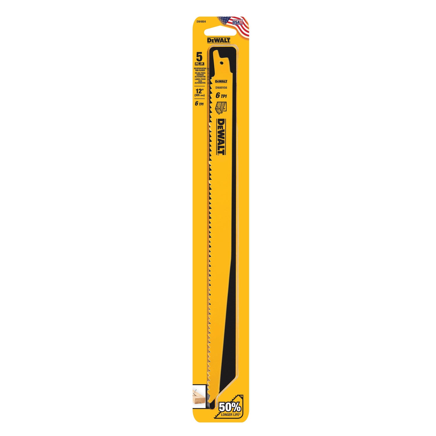 DEWALT 12-Inch 6 TPI Reciprocating Saw Blades (5-Pack) DW4804 - Premium Construction & Demolition Blades for Wood, Metal & PVC Cutting