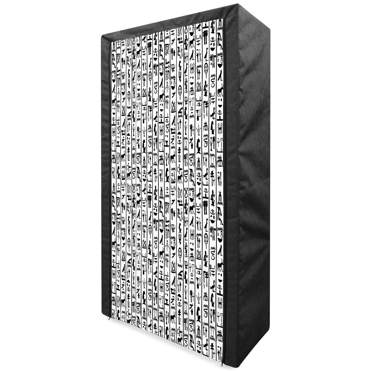 Ambesonne Egyptian Print Portable Fabric Wardrobe - Hieroglyphic Alphabet Design Clothing Organizer with Shelves, 33.5 Inch Black & White Cultural Storage Closet | Perfect for Bedroom, Dorm, or Small Space Organization
