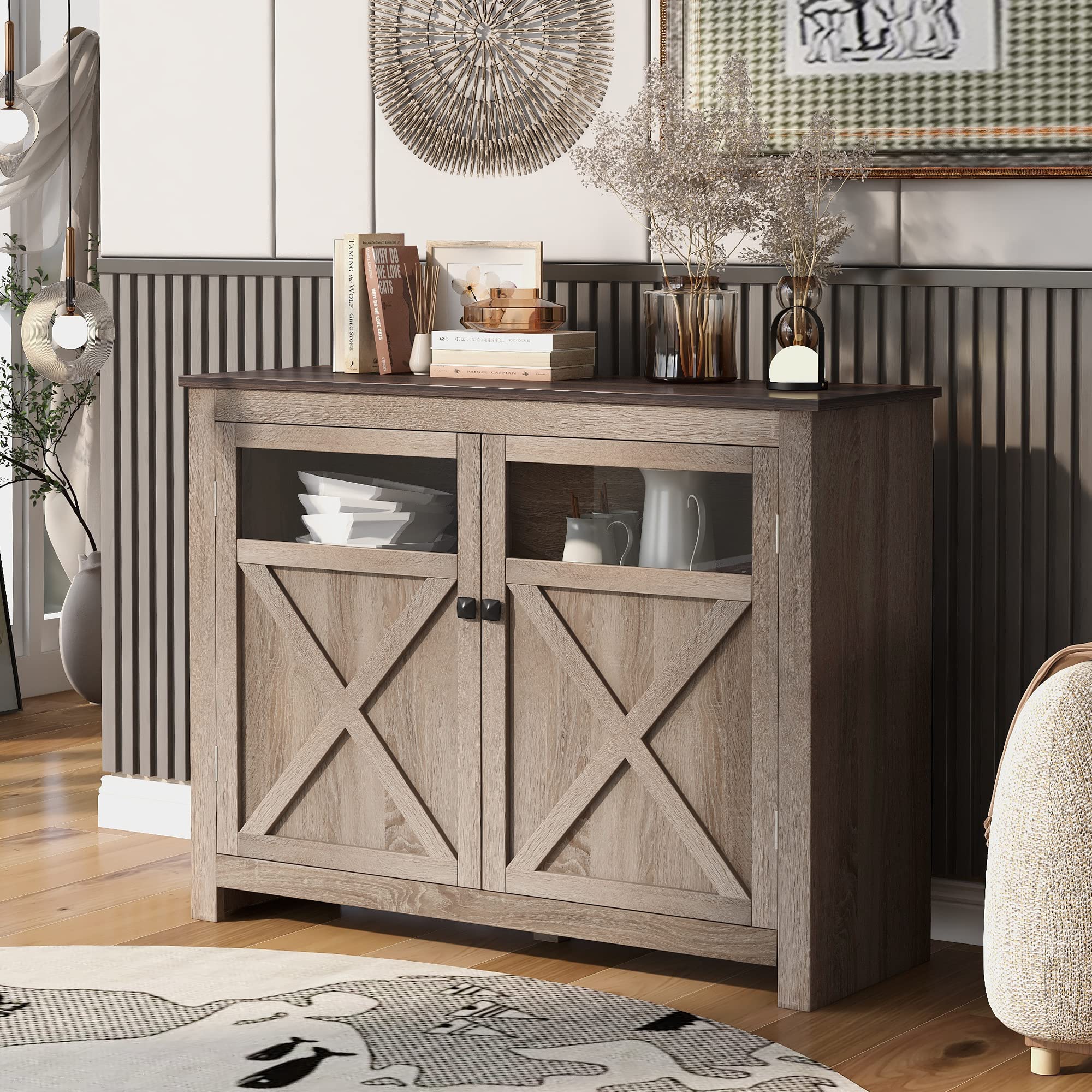 LUKYRA Modern TV Stand with 2 Doors & Adjustable Shelves - Open Style Entertainment Center Cabinet, Sideboard & Buffet for Living Room - Walnut Finish - Perfect for Home Theater Setup & Living Room Storage