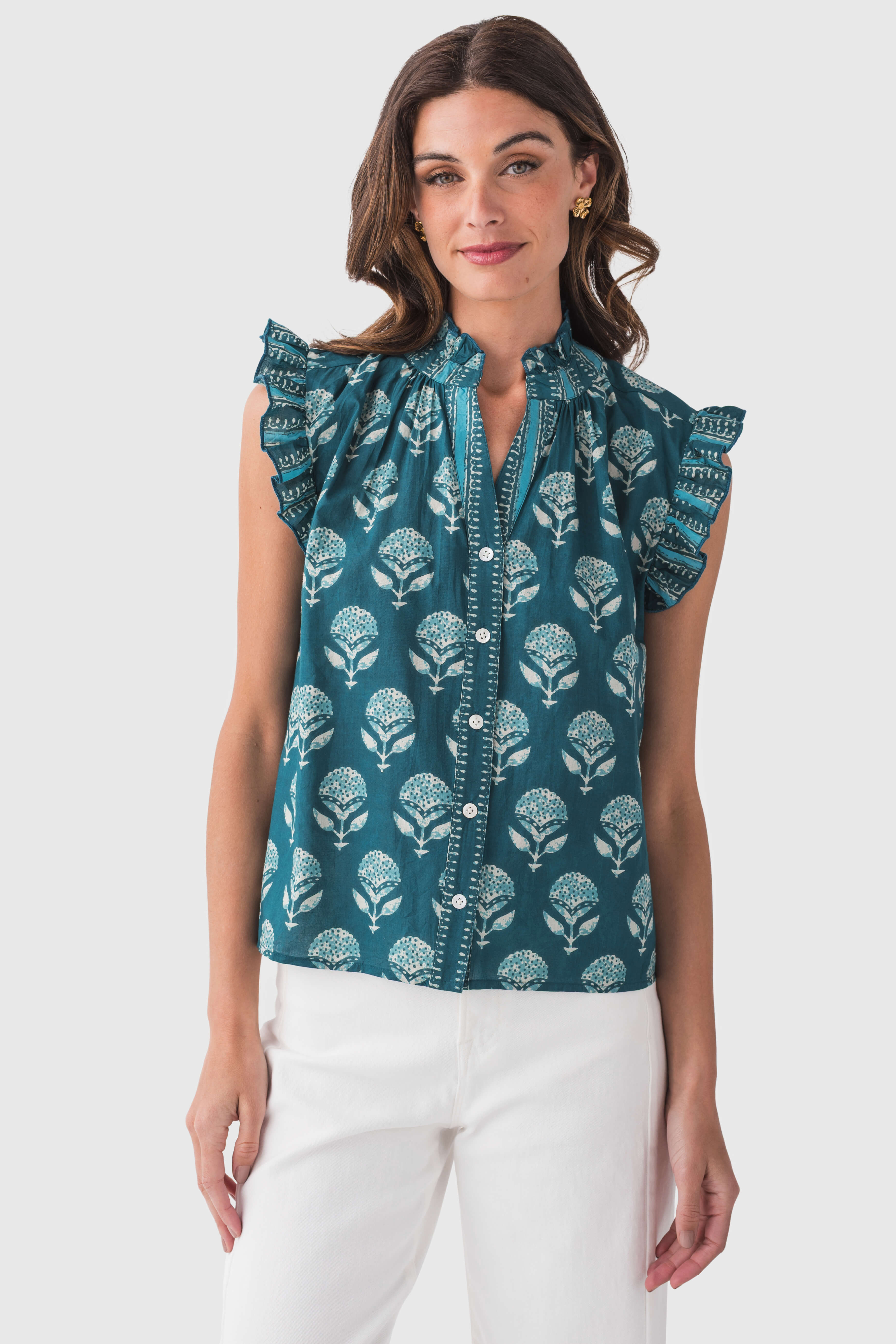 THML Women's Large Block Print Button Front Top - Stylish Casual Blouse for Work, Dating & Everyday Wear