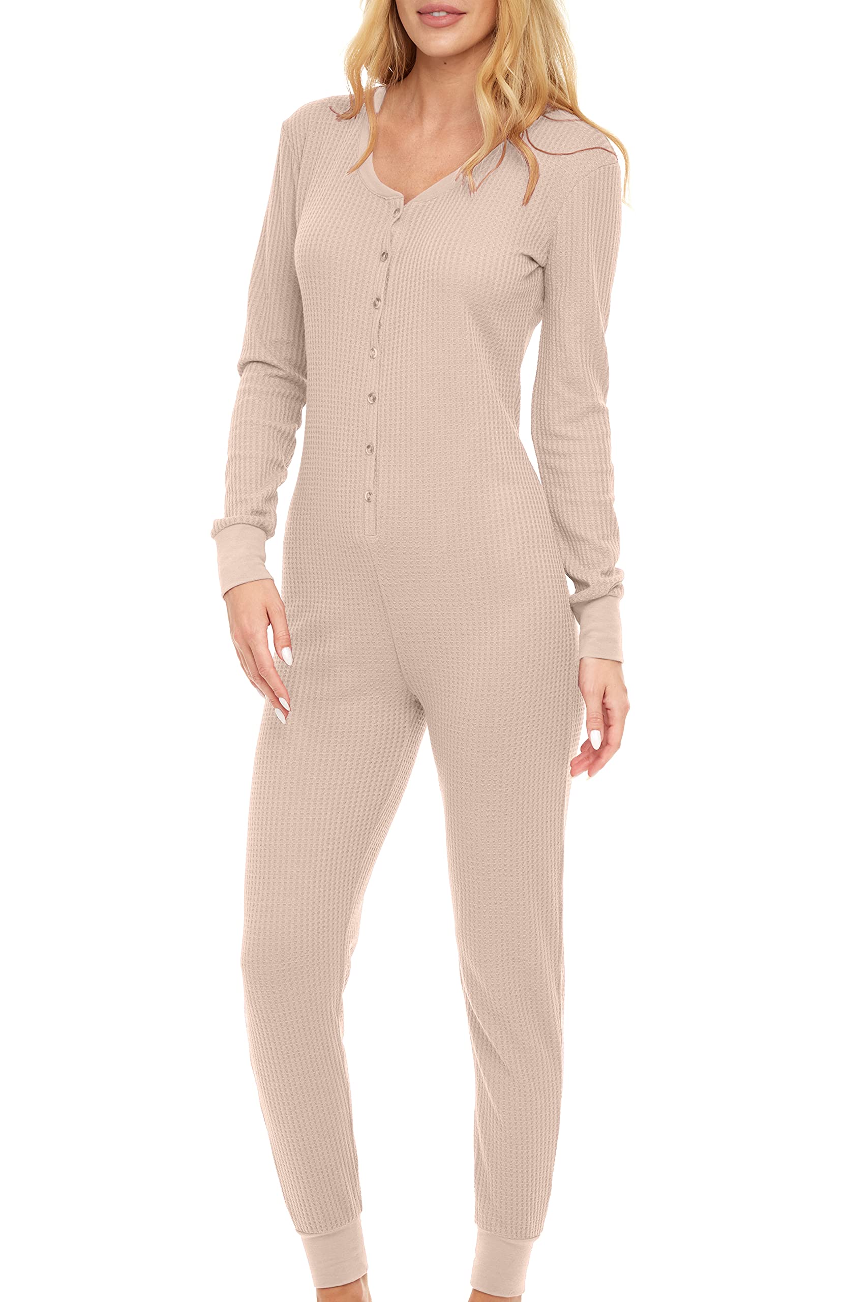 Alexander Del Rossa Women's Soft Ribbed Waffle Knit Button-Up Pajama Onesie - Cozy Jumpsuit & Romper for Adults | Perfect for Lounging, Sleepwear & Winter Comfort