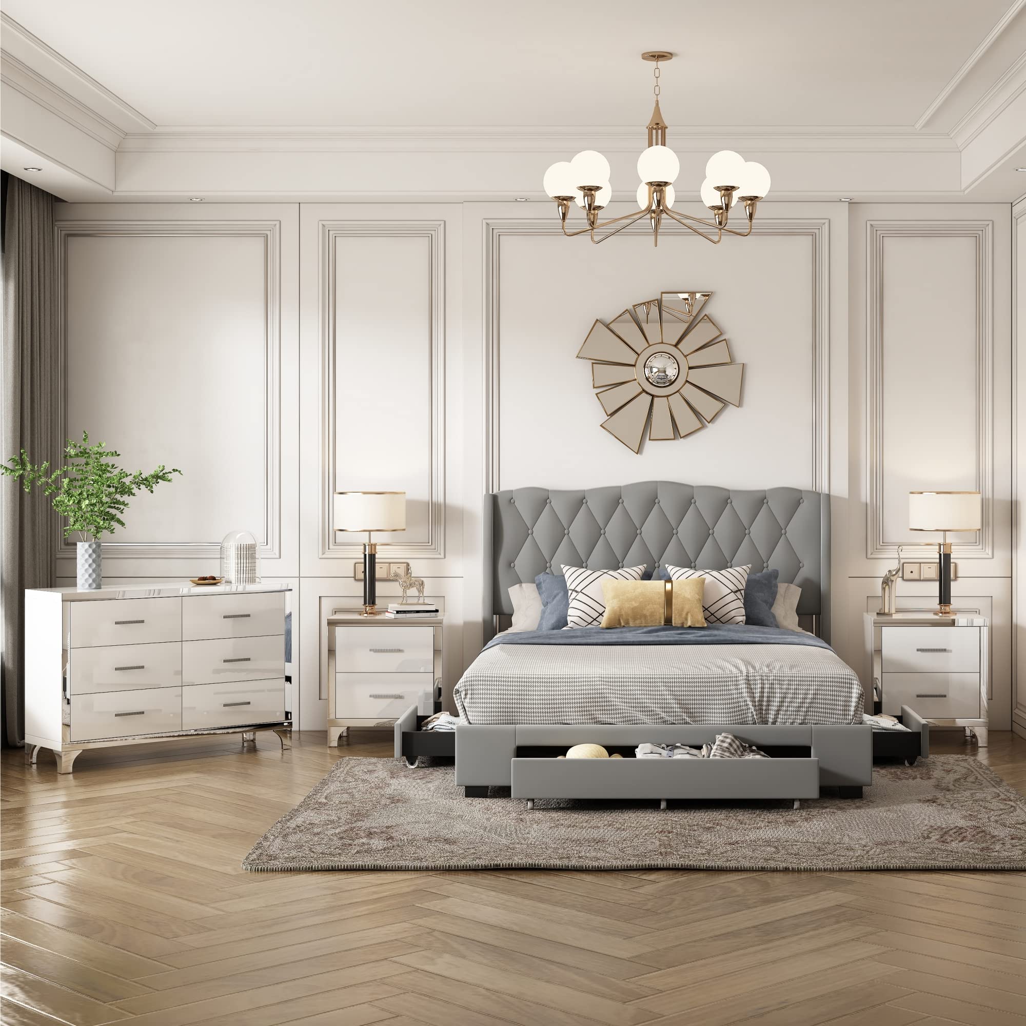 RUNWON 4-Piece Queen Size Bedroom Set - Upholstered Bed with Storage Drawers, Glossy Mirrored Nightstands & Dresser with Metal Handles - Modern Gray Furniture for Kids & Adults | Perfect for Small Spaces & Guest Rooms