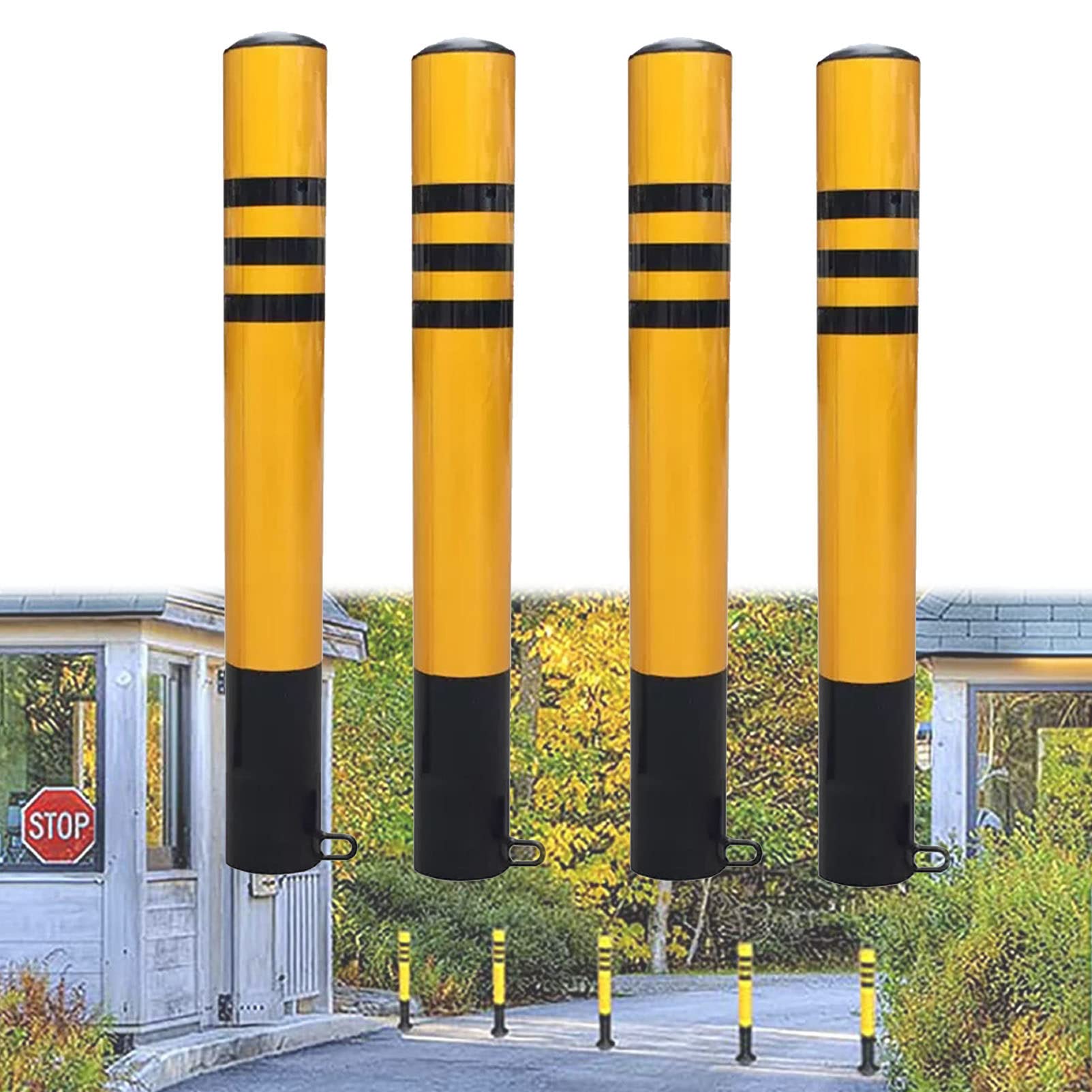 4 Pack Driveway Security Posts with Reflective Tape - Heavy Duty Parking Barriers for Private Car Parks & Driveways (76×500mm) - Easy Installation for Home, Business & Warehouse Protection