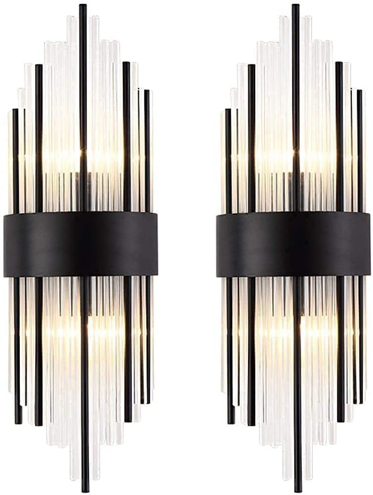 PULEE Modern Brass 2-Light Wall Sconce with Crystal Accents - Mid Century Style Bedroom Lighting for Mirror, Living Room, Entryway & Hallway (Black) - Perfect for Ambient Lighting and Home Decor