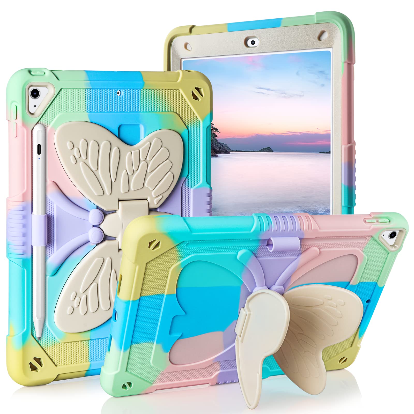 Vofolen iPad 10.9 Case & iPad Pro 11 Case (3rd/2nd Gen 2021/2020/2018) - Shockproof Silicone Protective Cover with Butterfly Wings Kickstand & Pencil Holder for Kids - Perfect for School, Travel, and Home Use (iPad Air 4th Gen, Colorful)