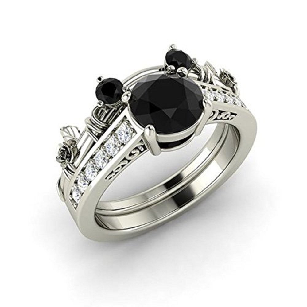 1.52 Carat Black & White Cubic Zirconia Mickey Mouse Wedding Ring Set - 14K White Gold & .925 Sterling Silver Bridal Jewelry for Women - Perfect for Engagement, Proposal & Disney-Themed Weddings