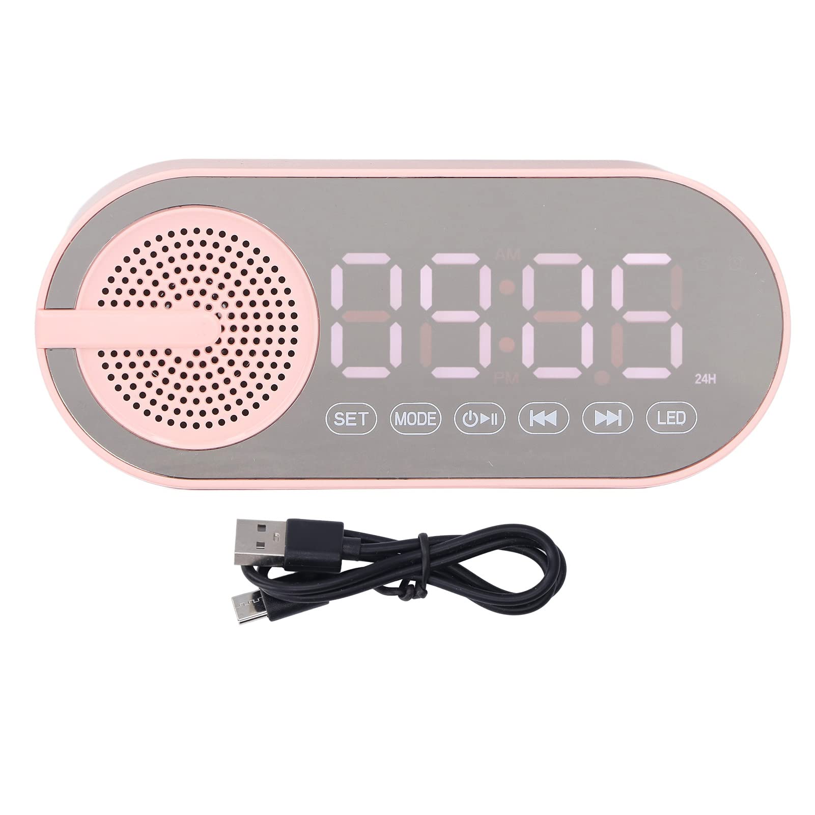 Wireless Bluetooth 5.0 Speaker Mirror Alarm Clock with FM Radio, USB Charging & SD Card Slot - Digital LED Display, Rechargeable Battery - Perfect for Bedroom, Travel & Hotel Use (Pink)
