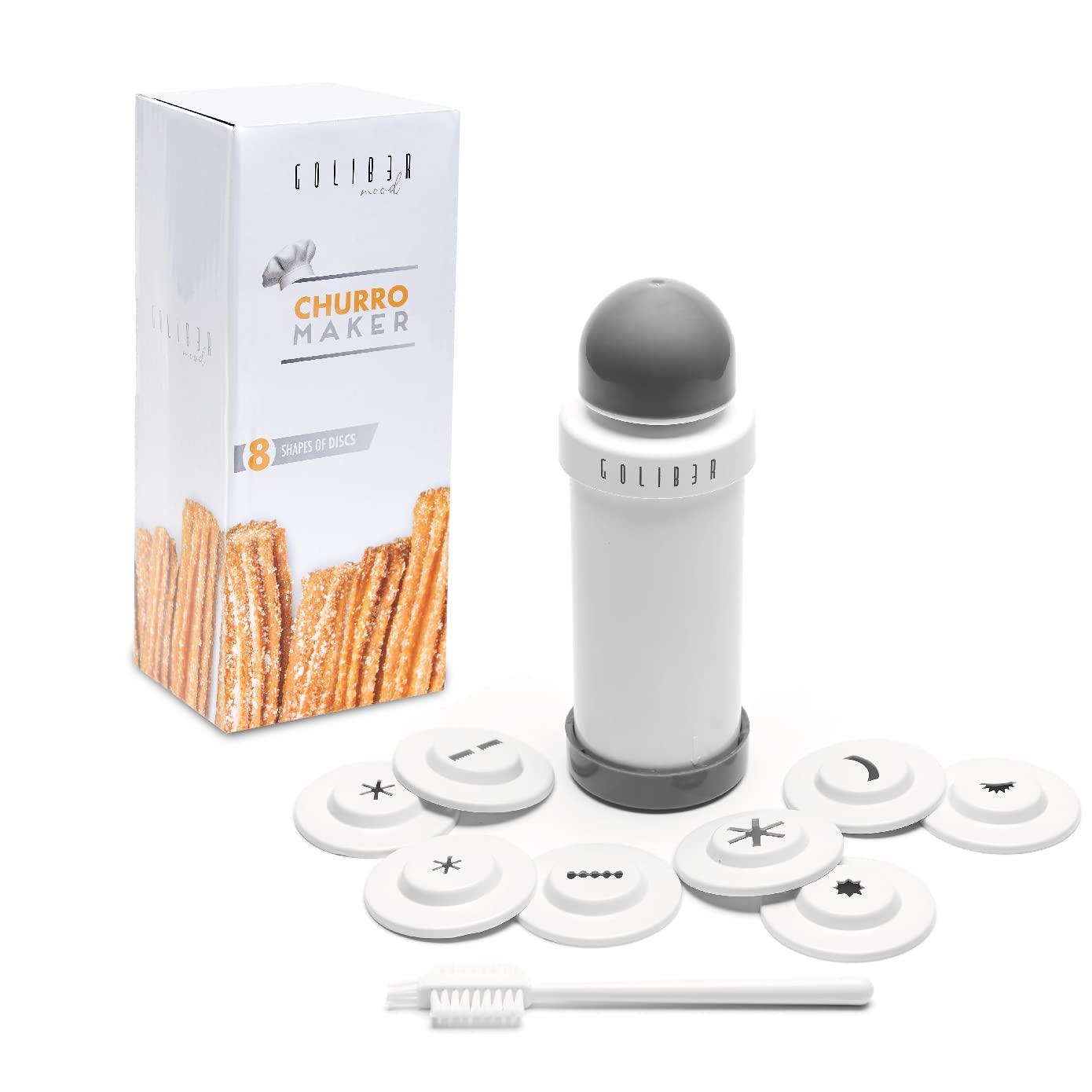 GOLIBER Churro Maker Machine with 8 Nozzles - Professional Churros Maker for Homemade Churros, Cheese Straws & Donuts - Easy to Use Churro Piping Tip (Gray) - Perfect for Parties, Bakeries & Home Cooking