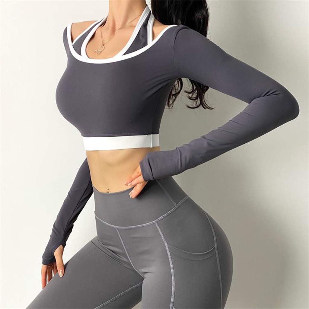 Women's Quick-Dry Long Sleeve Yoga Top - Breathable Workout Shirt for Running, Training & Fitness | Fake Two Sports Crop Tee | Perfect for Gym, Yoga & Casual Wear (Small)