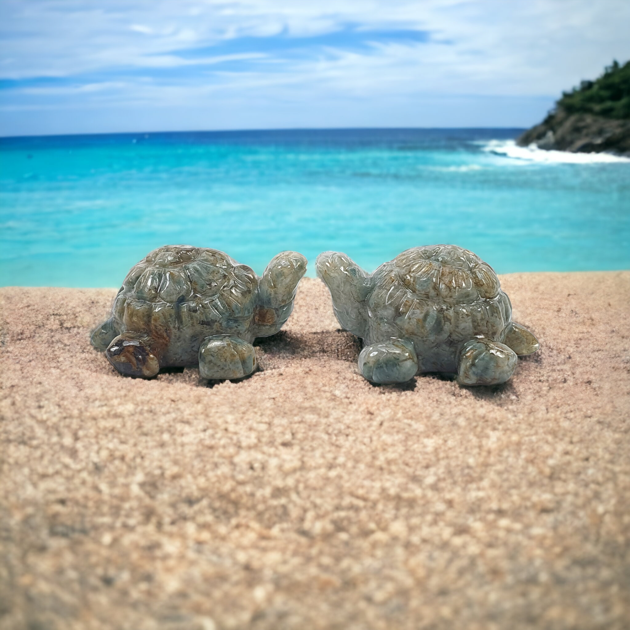 Natural Moss Agate Gemstone Carving - 58.00cts Untreated Green Agate Handmade Tortoise Sculpture (26x20mm) Pair - Feng Shui Decor, Meditation Gift, Crystal Healing Collection