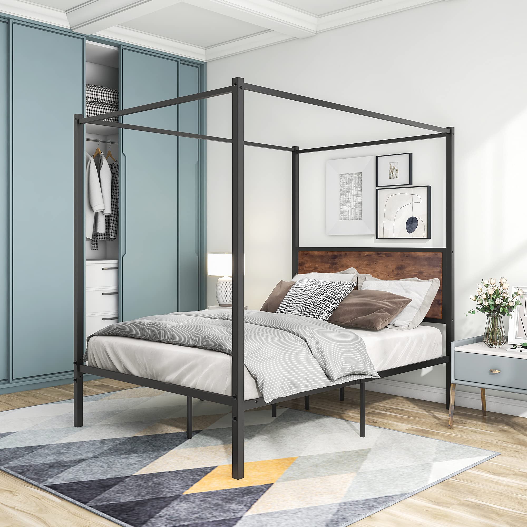 JURMERRY Full Size Metal Canopy Platform Bed Frame with Wooden Headboard - No Box Spring Needed - Sturdy Mattress Support - Easy Assembly (Black RB) for Bedroom, Guest Room, Dorm & Apartment