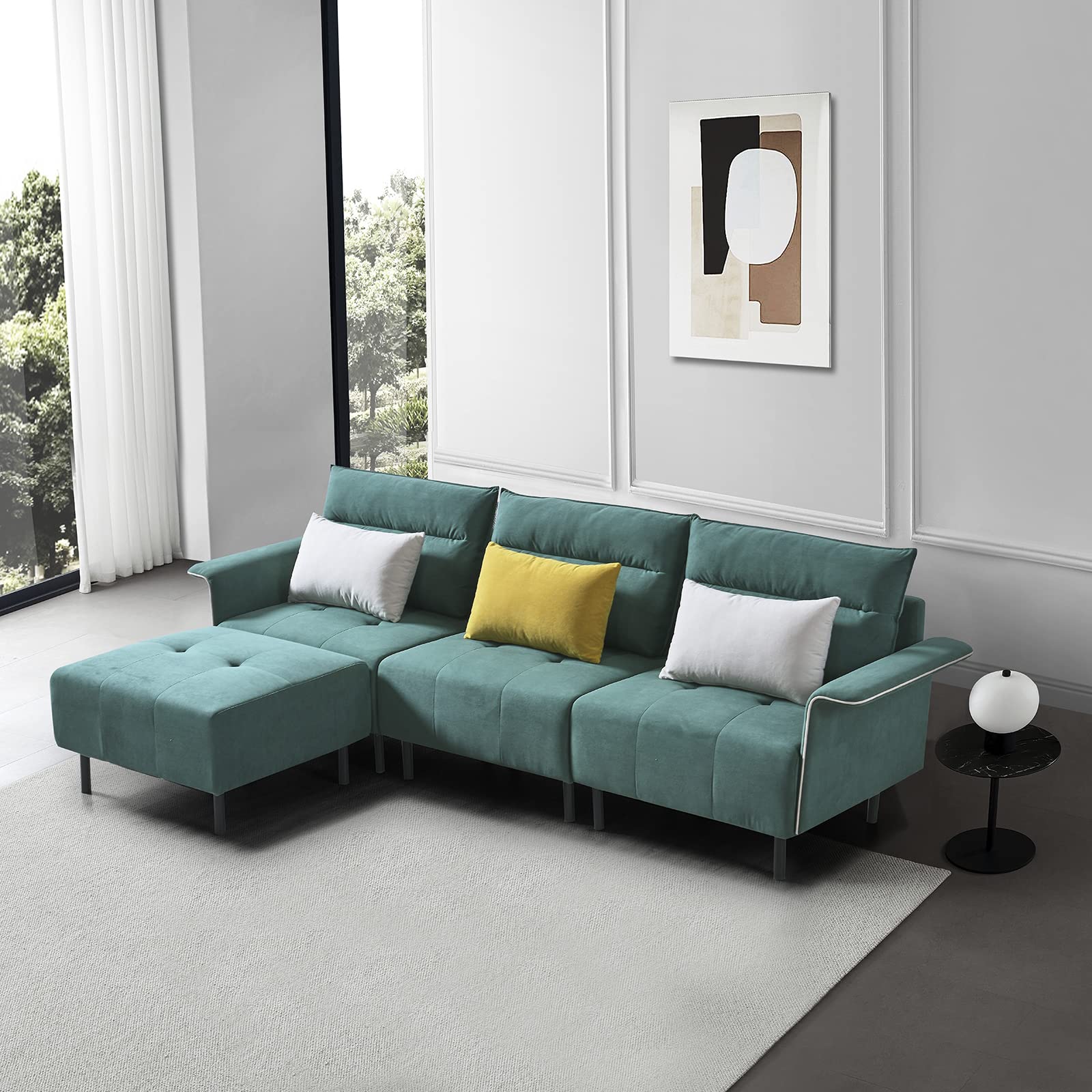 HOMMOO Modern L-Shaped Sectional Sofa with Ottoman - 3-Seat Microsuede Couch with Tufted Design & Removable Pillows - Green Living Room Furniture for Small Spaces, Apartments & Home Theater Setup