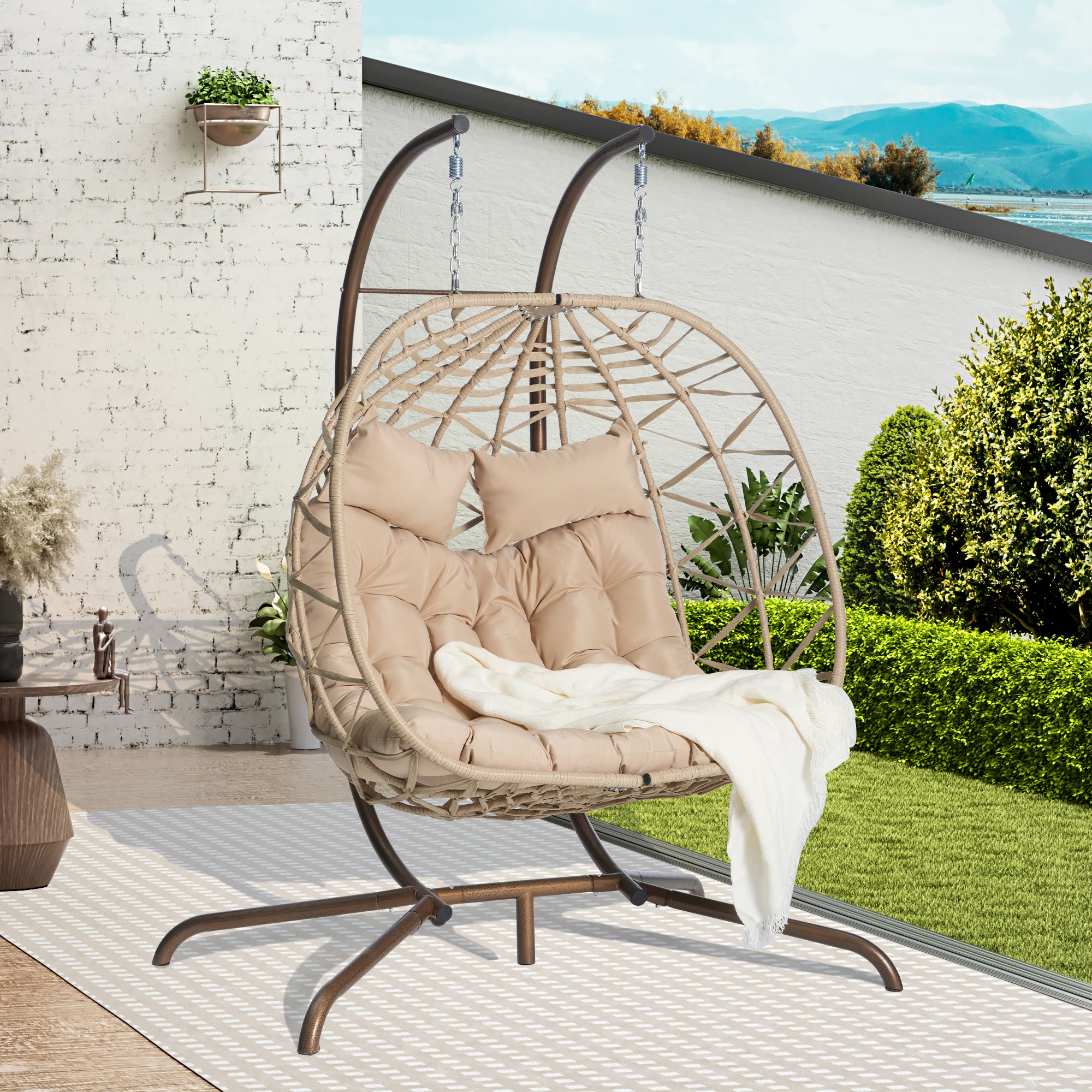 Double Egg Chair with Stand - Indoor/Outdoor Wicker Rattan Hanging Swing Chair with UV-Resistant Cushions (600 lbs Capacity) - Perfect for Bedroom, Balcony, Patio, Garden & Backyard Relaxation