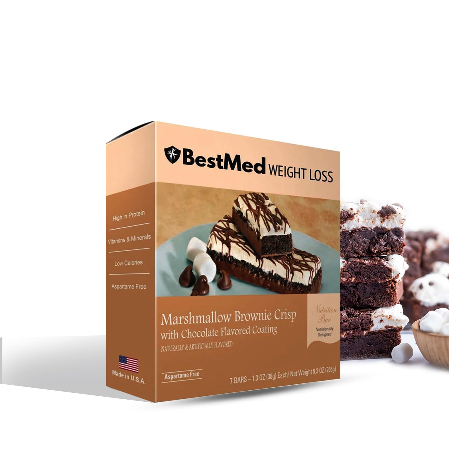 BestMed High Protein Snack Bar - 10g Protein, Low Carb, Low Sugar, Low Calorie for Weight Loss | Marshmallow Brownie Crisp Flavor | 7 Count Box | Perfect for Gym, Work & On-the-Go Snacking