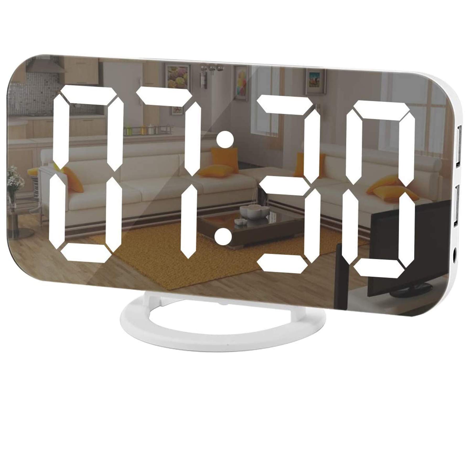 SZELAM Large Digital Alarm Clock with LED Display - Mirror Surface for Makeup, 3-Level Brightness & Dimming Mode, Dual USB Charging Ports - Modern Home & Bedroom Decor (White) - Perfect for Nightstands, Vanity Tables, and Office Desks
