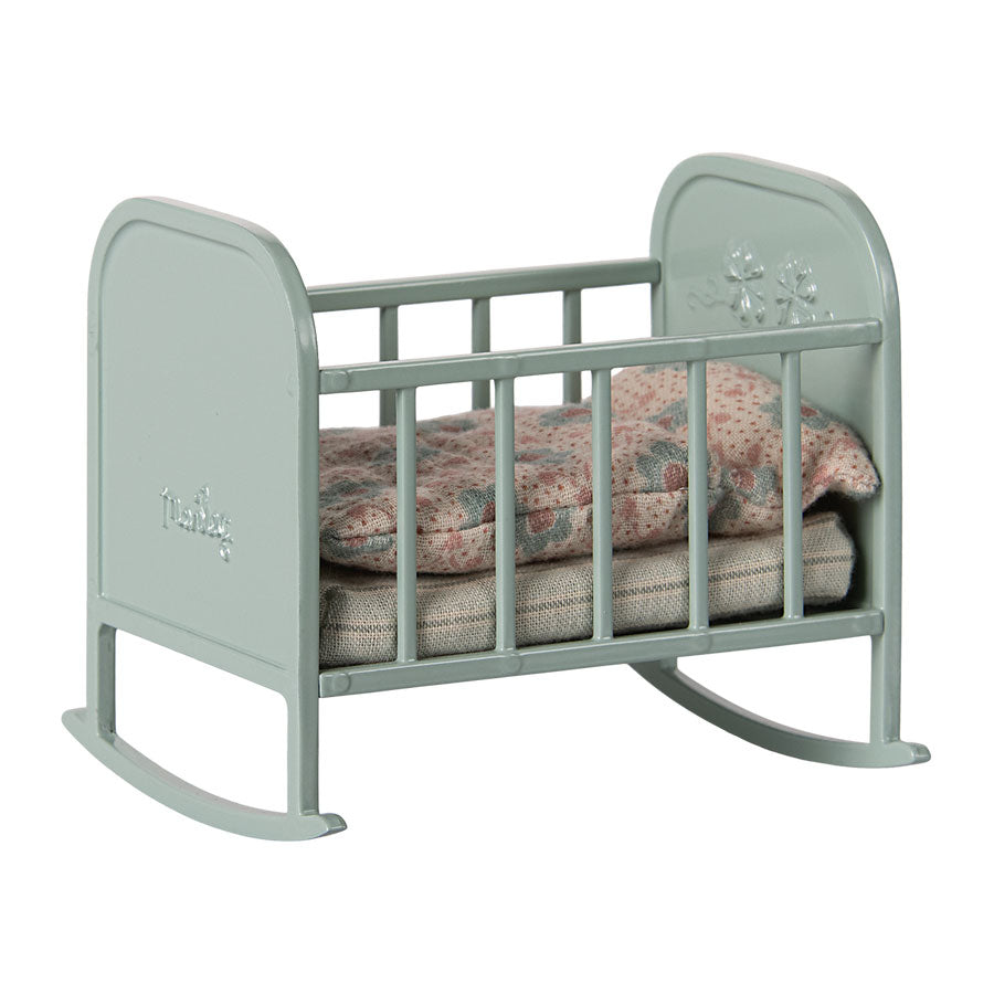 Maileg Blue Mint Doll Cradle - Miniature Wooden Baby Crib for Dolls, Perfect for Pretend Play & Nursery Decor | Great Gift for Kids & Collectors