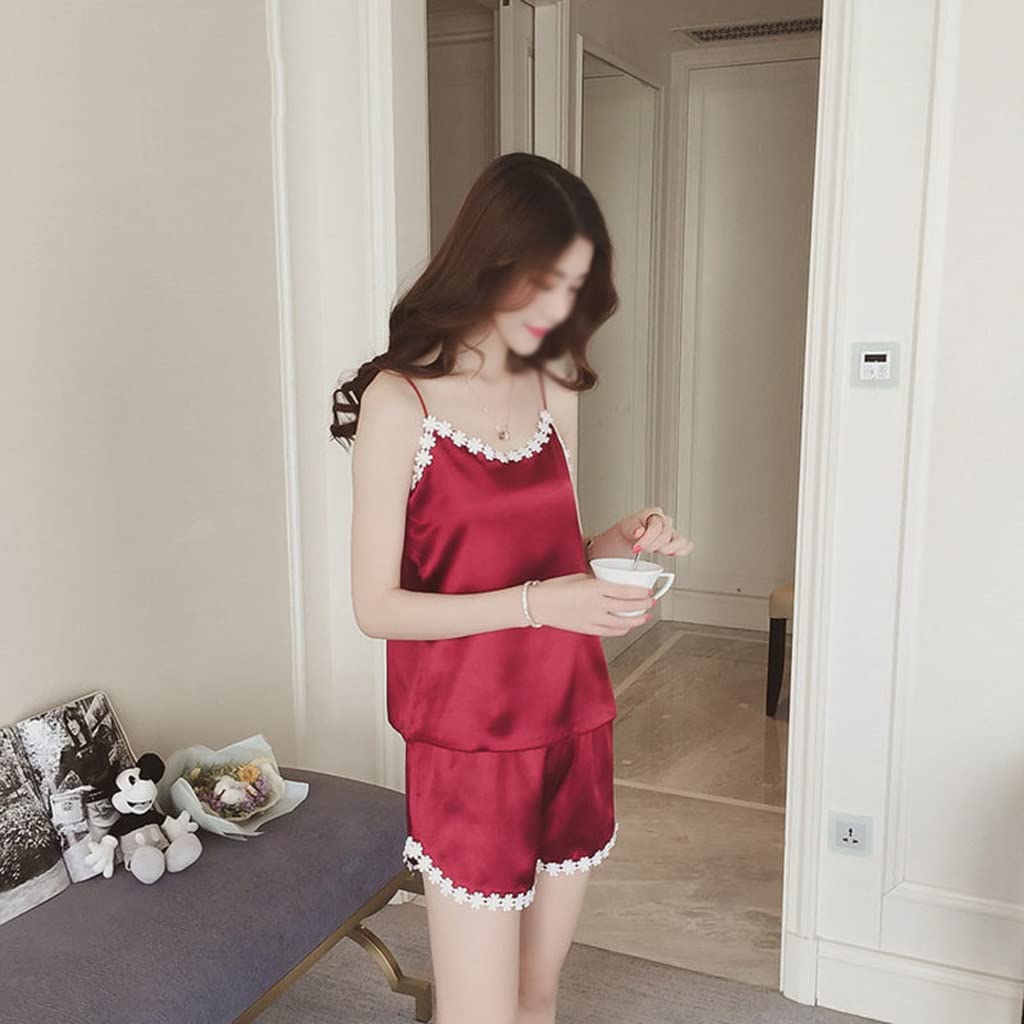 **Sexy Red Lace & Satin Women's Pajama Set with Shorts - Comfortable Sleepwear for Women, Medium Size - Perfect for Nightwear, Lounge Wear & Romantic Occasions**