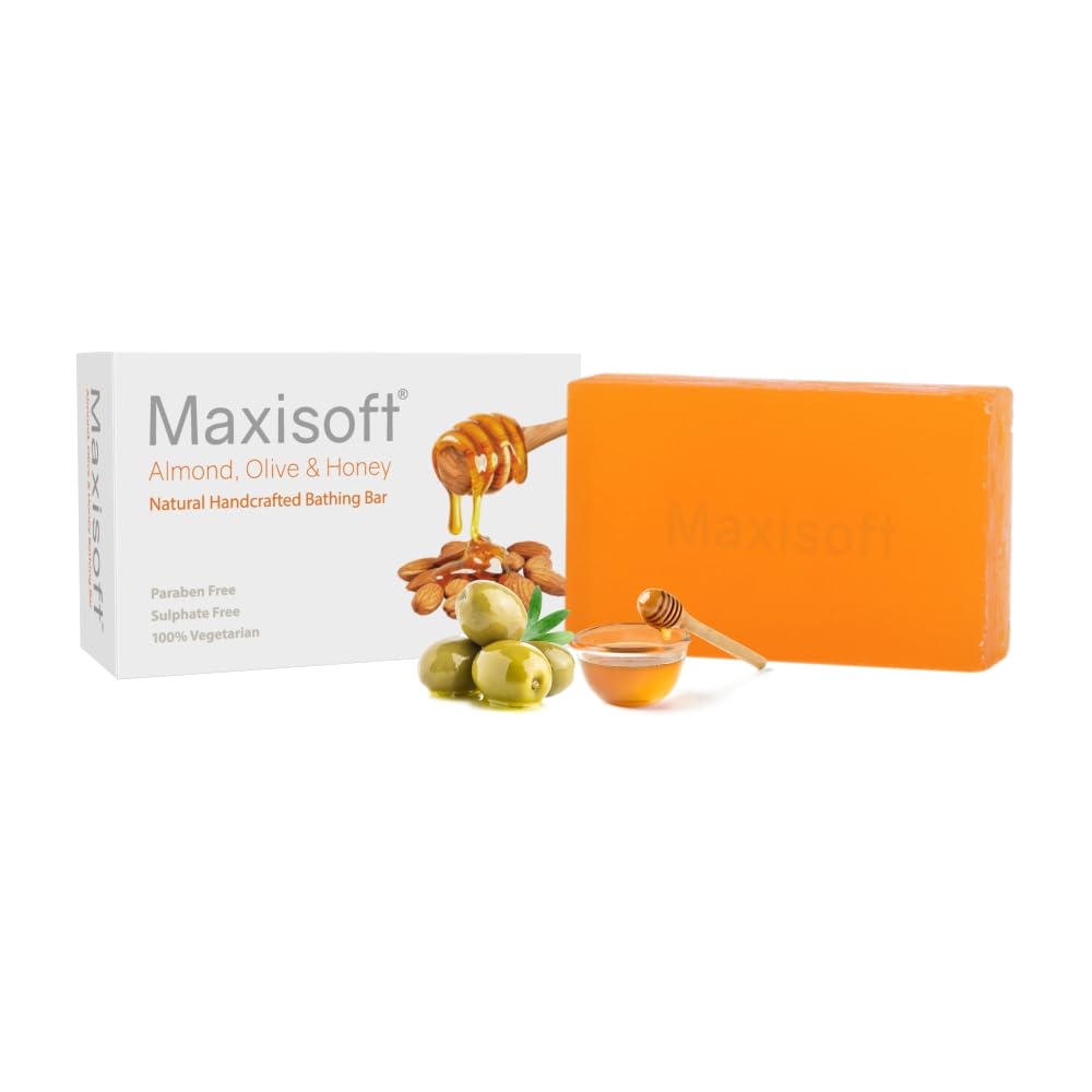 Maxisoft Almond Olive Honey Skin Nourishing Soap Bar 100g - Natural Moisturizing with Almond Oil, Olive Oil, Honey & Coconut Oil | pH Balanced for All Skin Types | Perfect for Dry Skin, Sensitive Skin & Daily Cleansing (Pack of 1)