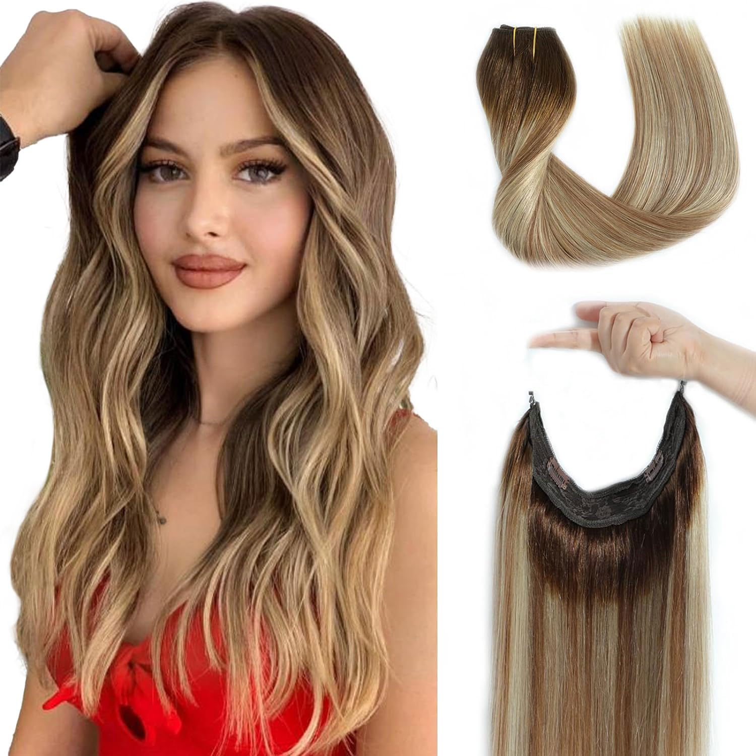 Ugrace 12 Inch 65g Real Human Hair Extensions - Balayage Light Brown to Ash Brown & Bleach Blonde - Transparent Invisible Fish Line Straight Clip-Ins for Women | Perfect for Daily Wear, Parties & Special Occasions