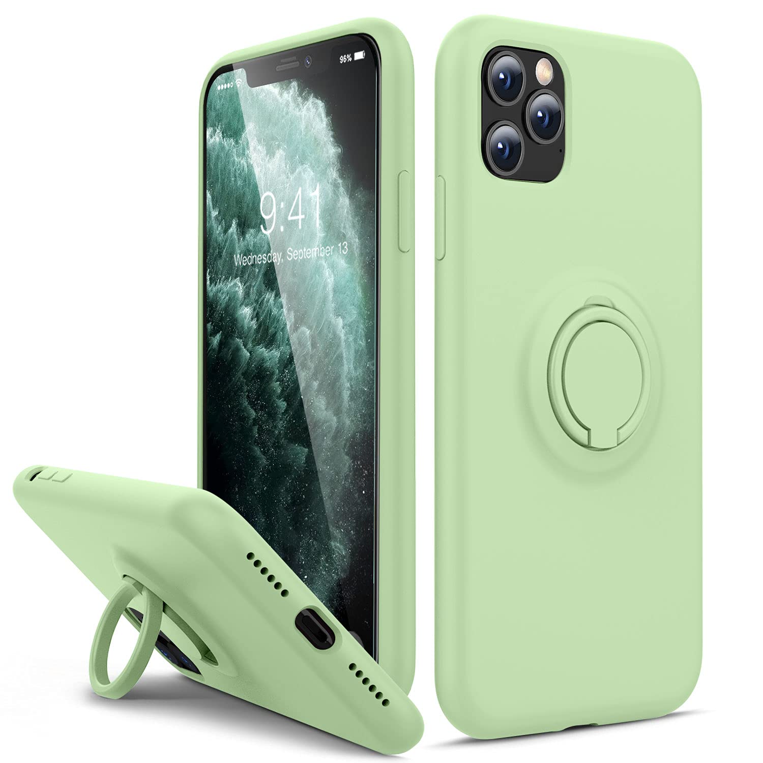 Thomo Liquid Silicone Ring Holder Kickstand Case for iPhone 11 Pro Max - Anti-Scratch Microfiber Lining, Full-Body Protective Bumper Cover (Matcha Green) | Perfect for Work, Travel & Hands-Free Viewing