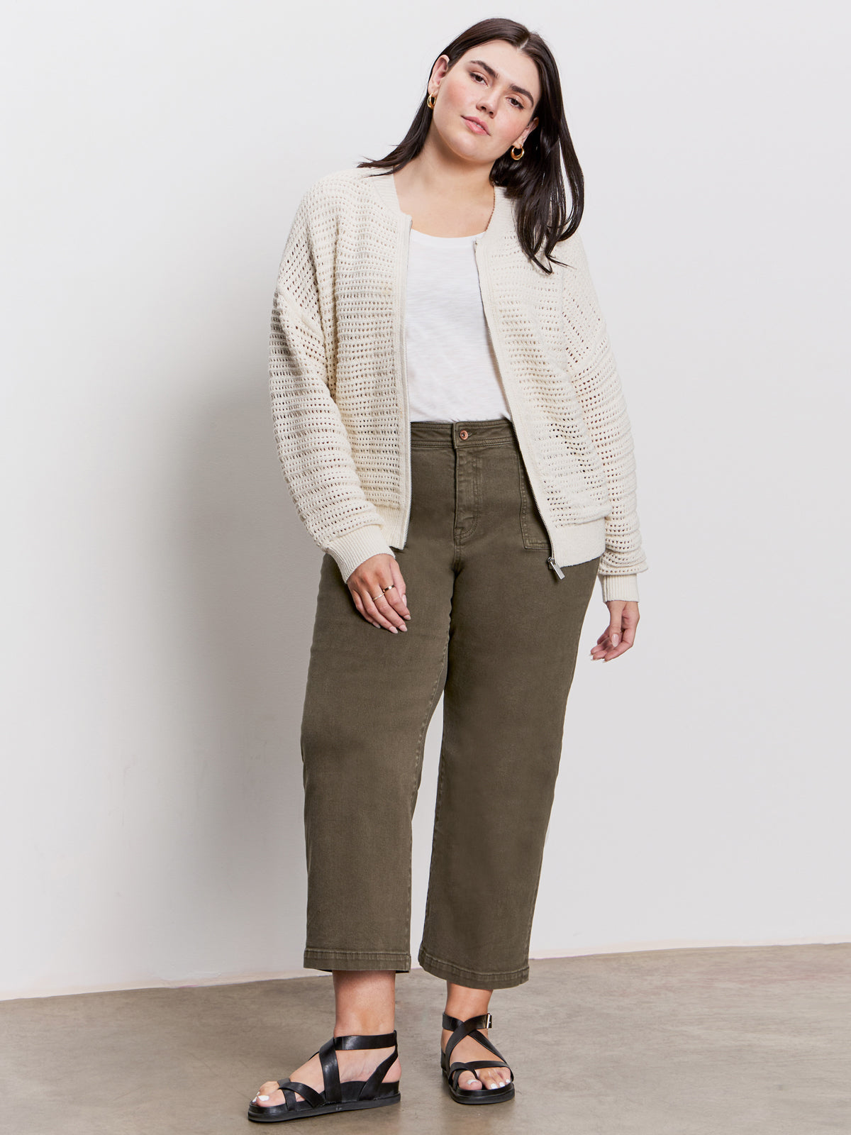 Open Knit Bomber Jacket for Women - Lightweight Chalk Oversized Cardigan - Plus Size & Extended Sizing Options - Perfect for Spring Layering and Casual Outfits