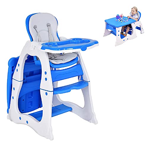 HONEY JOY 5-in-1 Convertible Baby High Chair - Toddler Booster Seat with Safety Harness, Reclining Backrest & Dual Food Trays | Blue | Perfect for Dining, Feeding & Playtime at Home or Restaurant