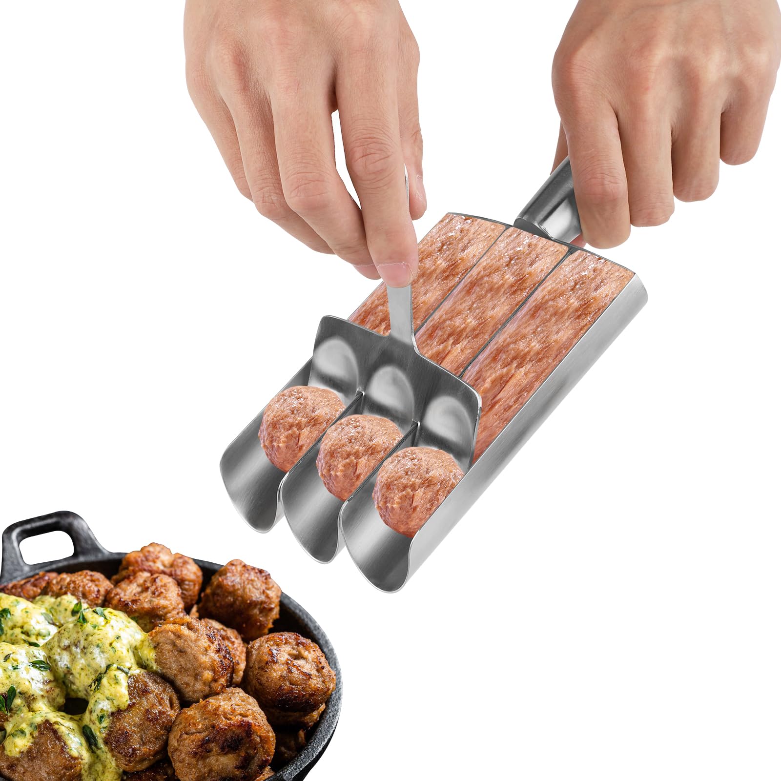 Stainless Steel Triple Meatball Maker with Cutting Spade - 3-in-1 Kitchen Tool for Perfect Meatballs, Cookie Dough & Sorbet Scooping | Ideal for Home Cooking, Meal Prep & Baking