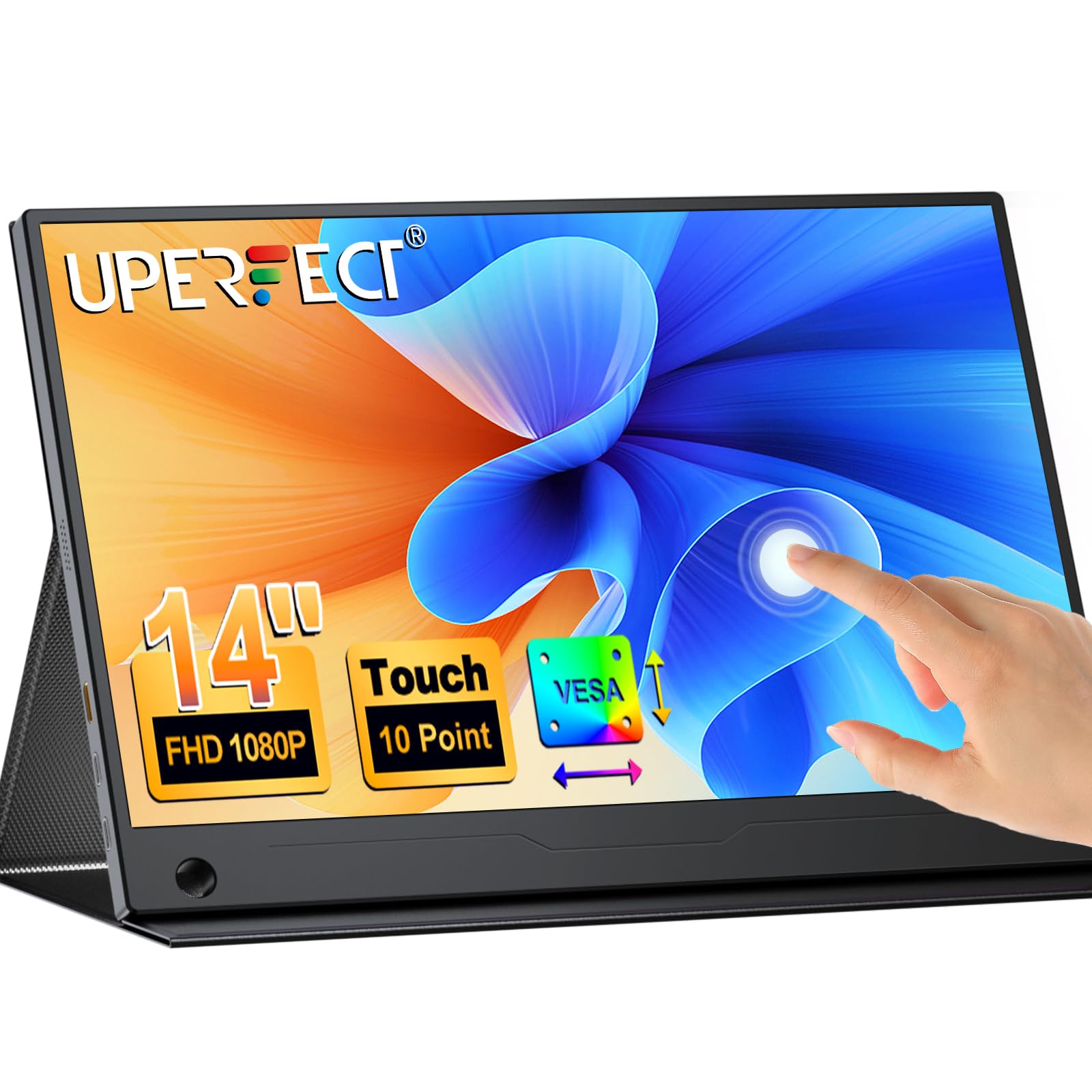 UPERFECT 14 Zoll Tragbarer Touchscreen Monitor, 1920×1080 FHD IPS Ultra-Dünner Zweitbildschirm für Laptop, Smartphone & Spielkonsole, VESA-Montage, Ideal für Büro, Gaming & Unterwegs