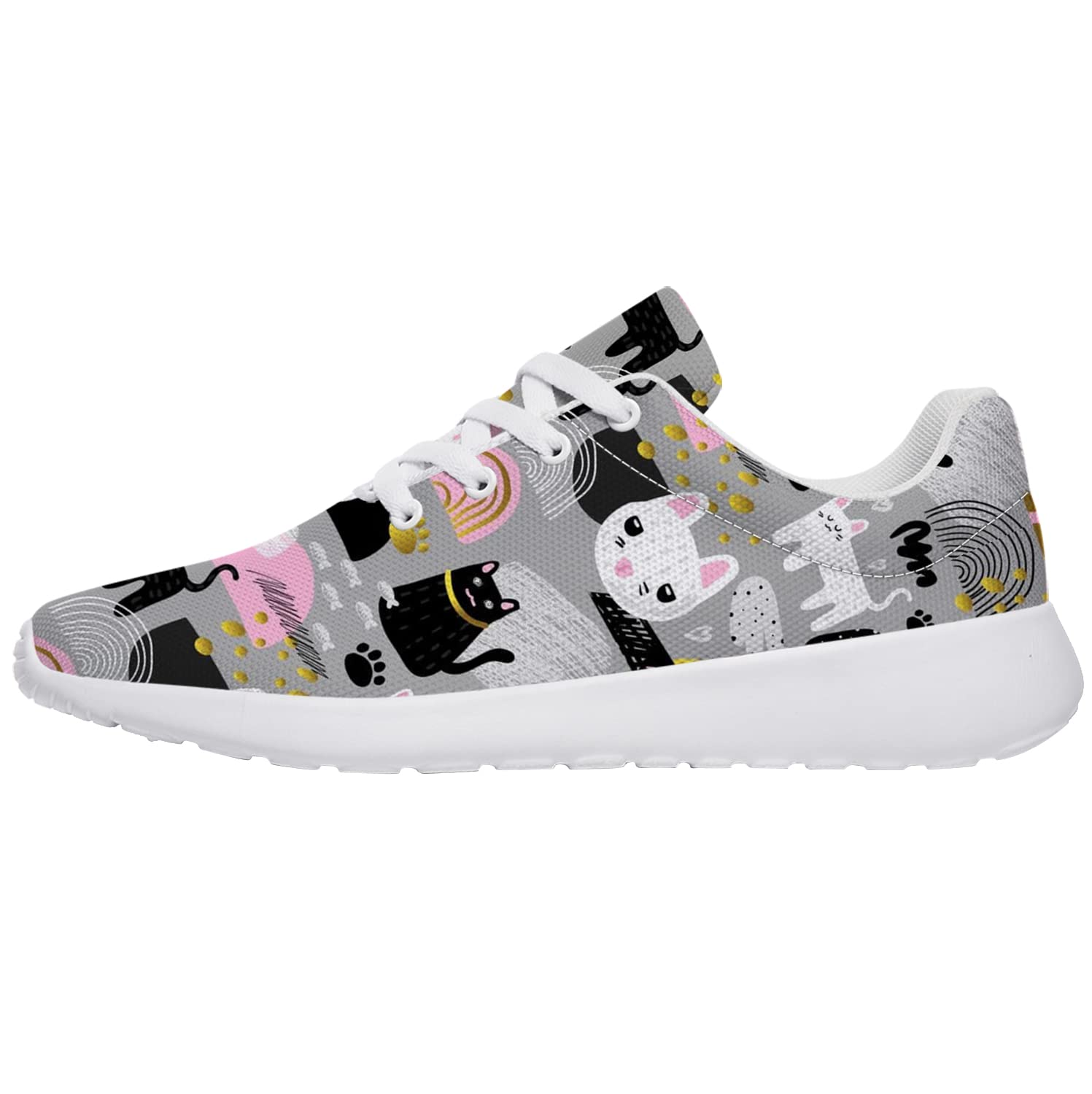 Cat Print Running Shoes for Women - White & Black Paw Print Cross Trainer Sneakers - US Size 13 Women/11 Men - Perfect for Walking, Jogging & Gym Workouts - Cute Gift for Cat Lovers