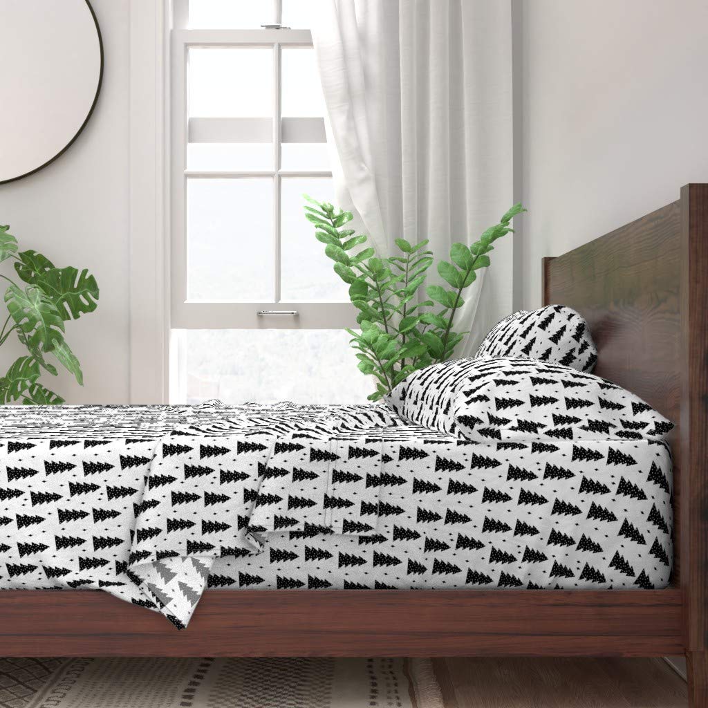 100% Cotton Queen 4-Piece Bed Sheet Set | Christmas Winter Forest Geometric Tree Black White Monochrome Triangle Woodland Print | Soft Breathable Custom Bedding for Cozy Holiday Home Decor