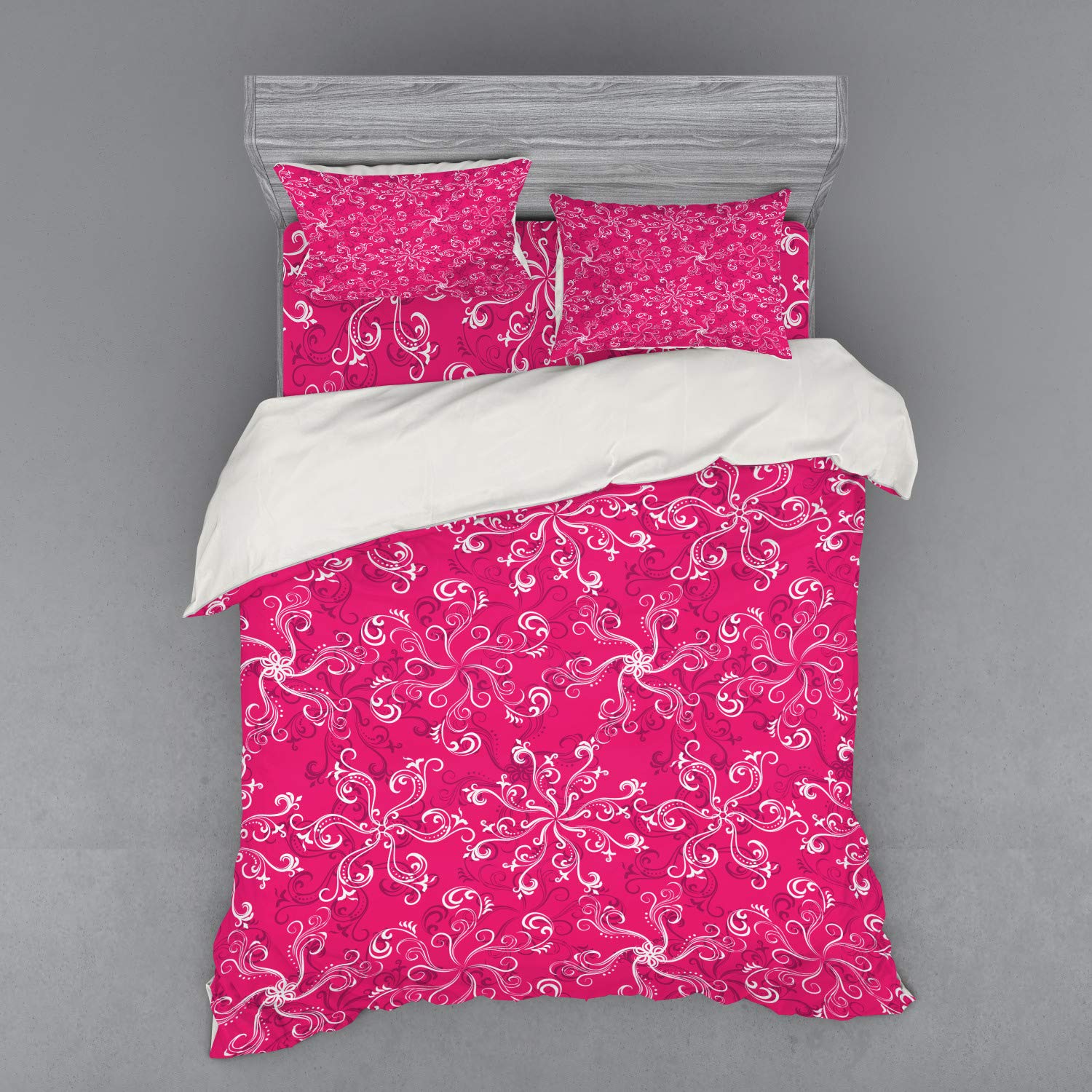 Ambesonne Queen Size 4-Piece Duvet Cover Set - Hot Pink Floral Arrangement Pattern with White & Purple Blooms, Includes Shams & Fitted Sheet | Spring Bedroom Decor, Modern Home Textiles, Girls' Room Upgrade