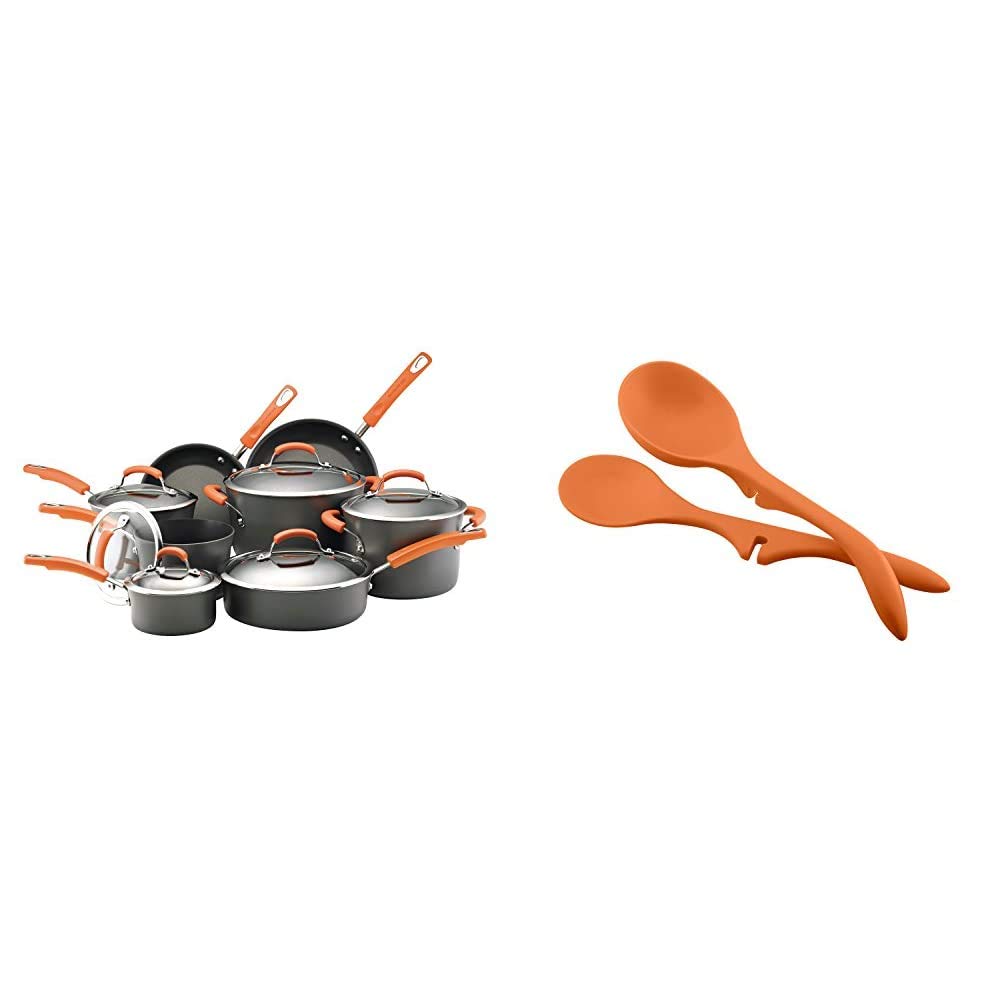 Rachael Ray Brights 14-Piece Hard-Anodized Nonstick Cookware Set with Glass Lids - Includes Pots, Pans & Kitchen Tools (Orange) - Perfect for Everyday Cooking, Family Meals & Professional Chefs