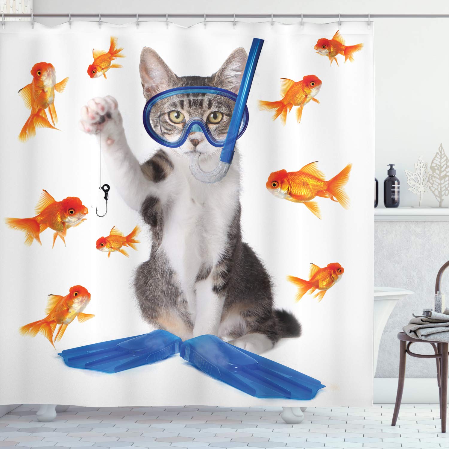 Ambesonne Humorous Cat Shower Curtain - Modern Fishing Curiosity Goldfish Hunting Design, Blue & Orange Fabric Bathroom Decor Set with Hooks, 69