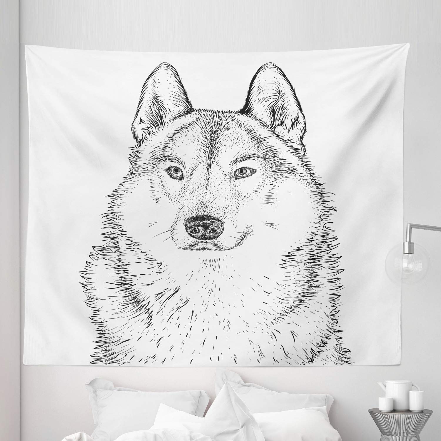Ambesonne King Size Wolf Tapestry - Black & White Wildlife Art for Bedroom & Wall Decor
