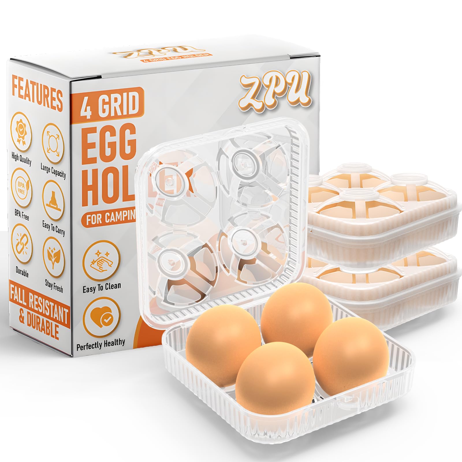ZPU 4-Grid Plastic Egg Holder for Camping & Travel - Shockproof Egg Storage Container for Outdoor Picnics, Kitchen & Refrigerator (Clear White) | Perfect for Camping Trips, Hiking Adventures & Home Kitchen Organization