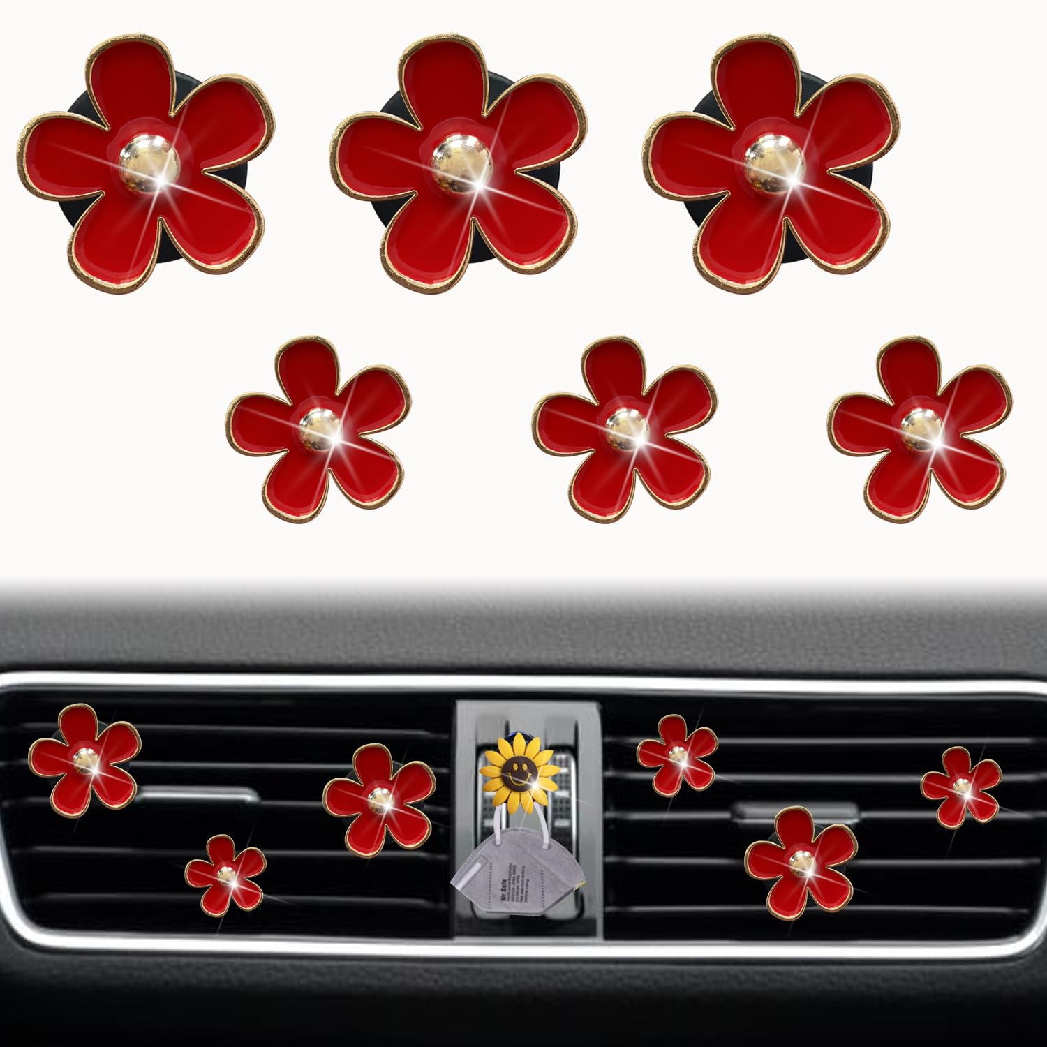 6 Pack Daisy Air Vent Clips - Cute Flower Car Air Fresheners with Mask Hook for Vehicles (Red) | Perfect for Car, Office, and Home Fragrance