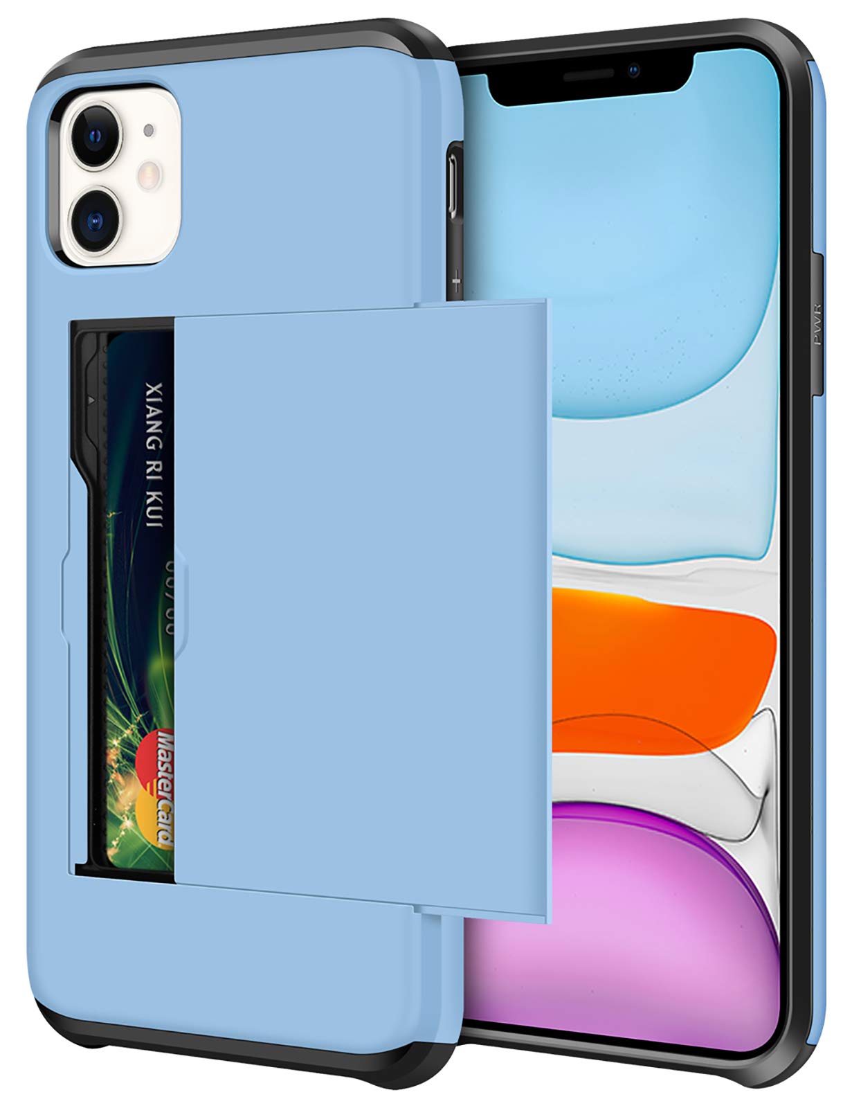 SAMONPOW iPhone 11 Wallet Case with Card Holder - Dual Layer Shockproof Protective Cover (6.1 Inch) - Hard PC Back & Soft Rubber Bumper - Anti-Scratch Light Blue Case for Everyday Use & Travel Protection