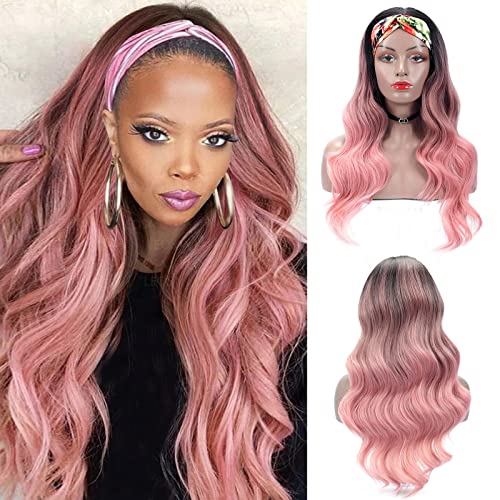 Glueless Headband Wig - Synthetic Pink Body Wave Headband Wigs for Black Women | Natural Looking Wavy Human Hair Wig | Heat Resistant 180% Density (26 Inch, Pink) | Perfect for Daily Wear, Parties & Protective Styling