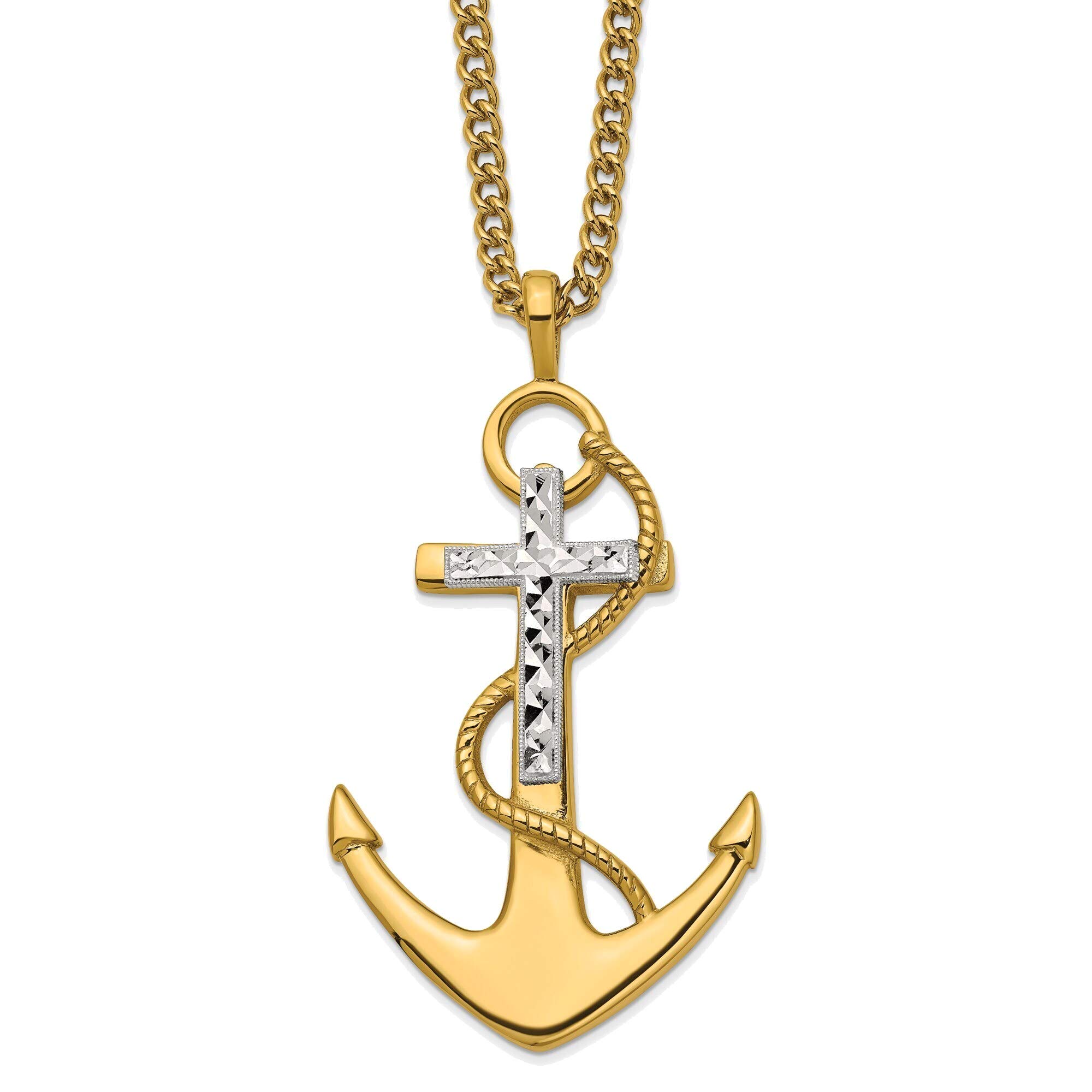 Bonyak Stainless Steel Polished Yellow IP-Plated Diamond-Cut Cross & Anchor Necklace - 24 Inch Religious Jewelry for Men & Women - Perfect for Gifts, Church, Weddings & Everyday Wear