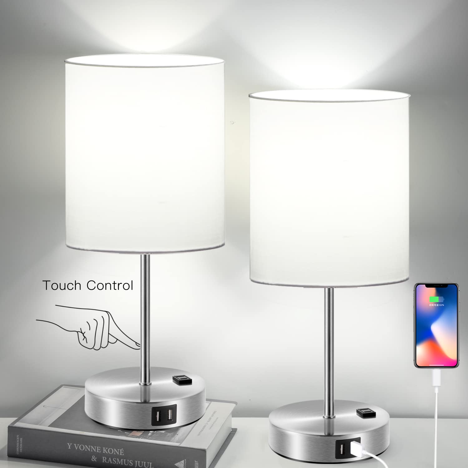 Upgraded Set of 2 Touch Control Table Lamps - 3-Way Dimmable Nightstand Lamps with 2 USB Charging Ports & AC Outlet, Modern Bedside Lamp for Bedroom, Living Room, Office (Includes Daylight White Bulb) - Perfect for Reading, Working & Creating Cozy Ambiance