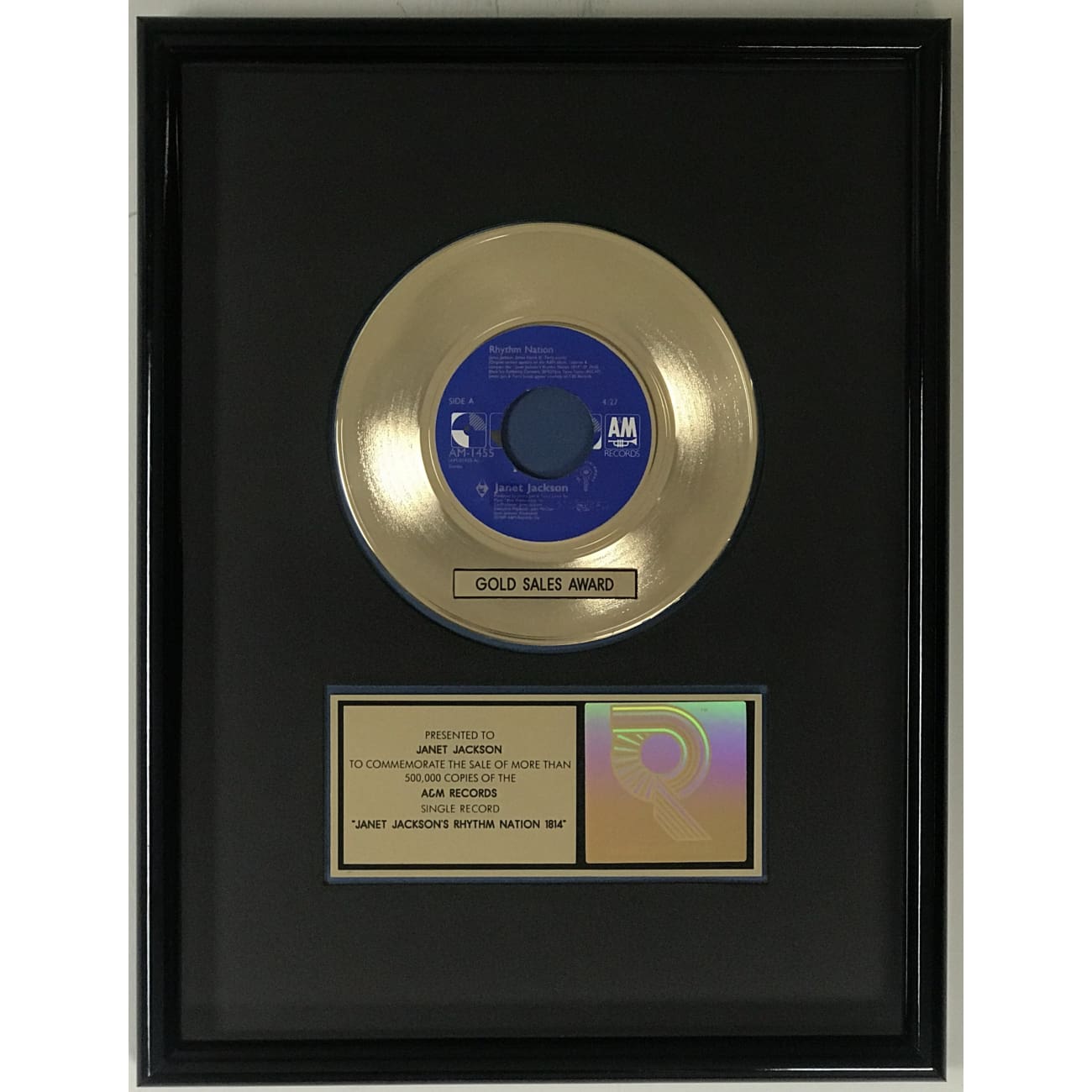 Janet Jackson Rhythm Nation RIAA Gold Single Award - Rare Collectible Music Memorabilia for Fans & Collectors - Perfect for Display in Music Rooms, Theaters, and Fan Collections