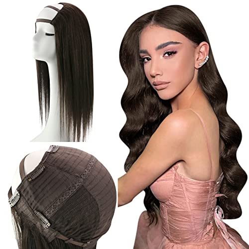 Ve Sunny 20 Inch U Part Human Hair Wig - Dark Brown Clip In Half Wig, 150g Seamless U Part Wig for Women | Perfect for Daily Wear, Parties & Special Occasions